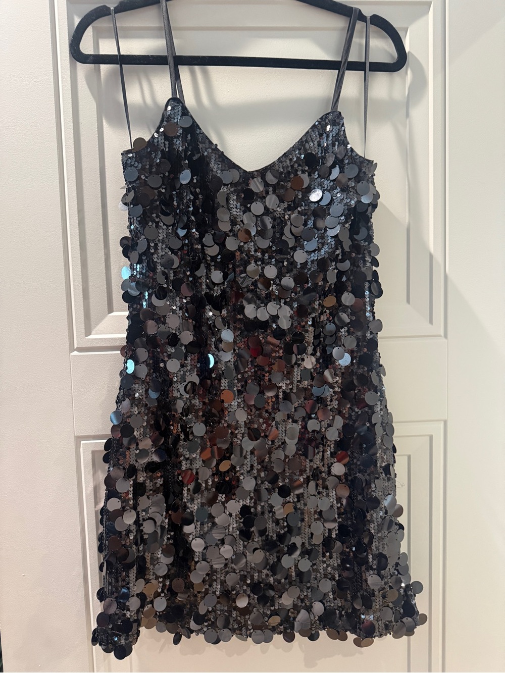 GB Black Sequin Cocktail Dress with Spaghetti Straps, Size Medium